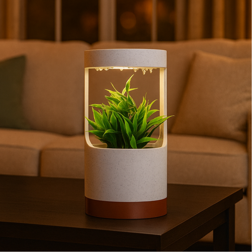 Aura Planter with simulated rainfall watering effect and soft-glow LED halo, showcasing modern design and 3D printed technology